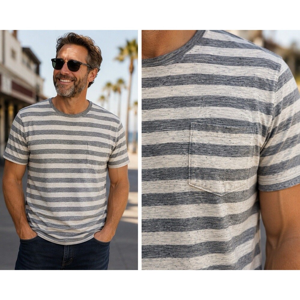 Arizona Jeans Premium Striped Pocket T-Shirt Gray White XXL Soft Casual Tee